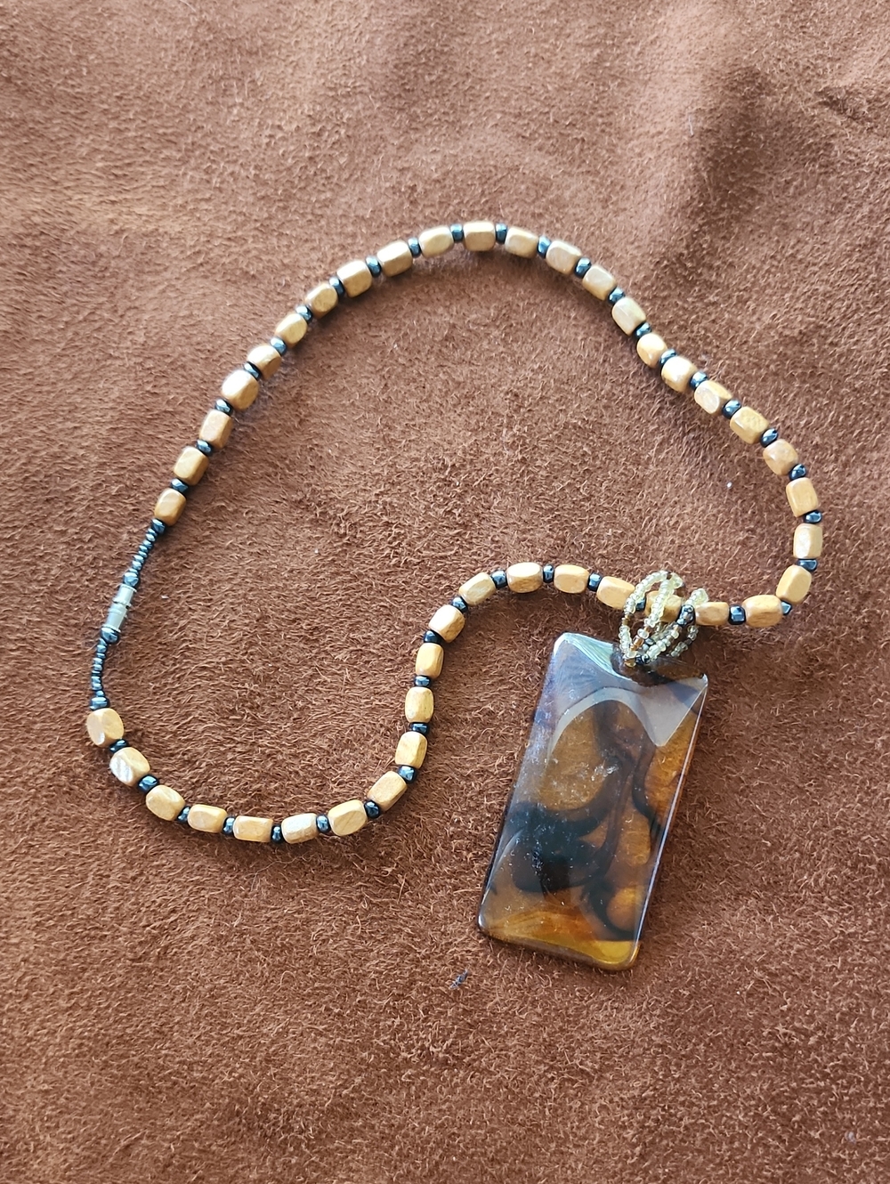 Vintage Y2K Brown Wooden Bead  Necklace with Tortoise Rectangular Pendant